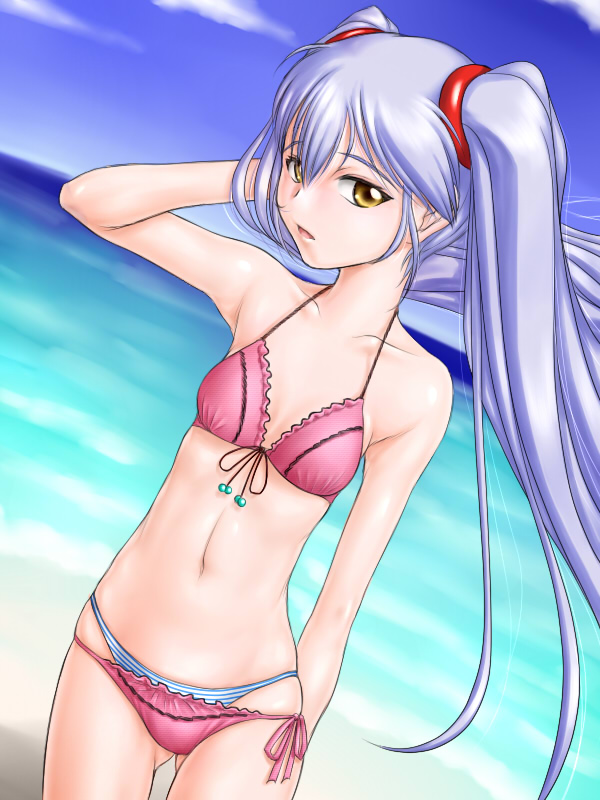 ^jj^, blue_hair, dutch_angle, hoshino_ruri, kidou_senkan_nadesico, long_hair, solo, swimsuit