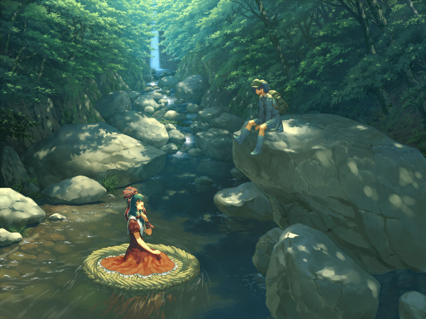 afloat, backpack, bag, blue_hair, dress, floating, forest, green_hair, hair_bobbles, hair_ornament, hair_ribbon, highres, kagiyama_hina, kawashiro_nitori, multiple_girls, nature, o'm, o'm, om_(carbohydratism), randoseru, ribbon, river, rock, scenery, shade, sitting, stream, talking, touhou, tree, twintails, water, waterfall