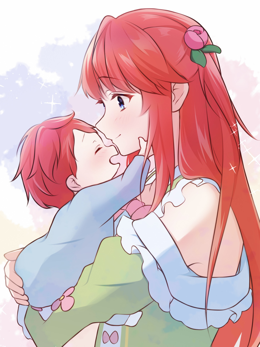 1boy, 1girl, absurdres, baby, bare_shoulders, blue_eyes, blush, carrying
