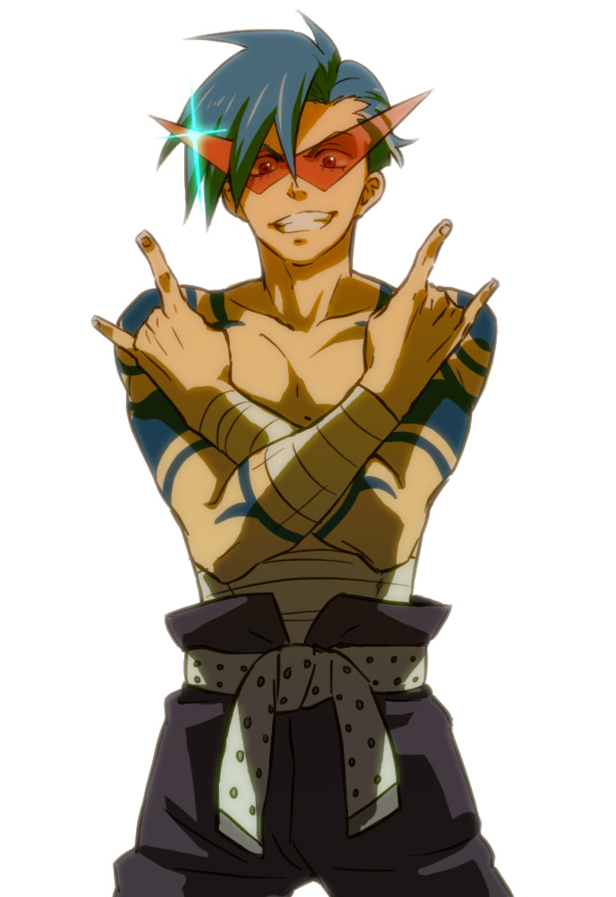 \m/, \n/, belt, blue_hair, grin, kamina, kamina_shades, lens_flare
