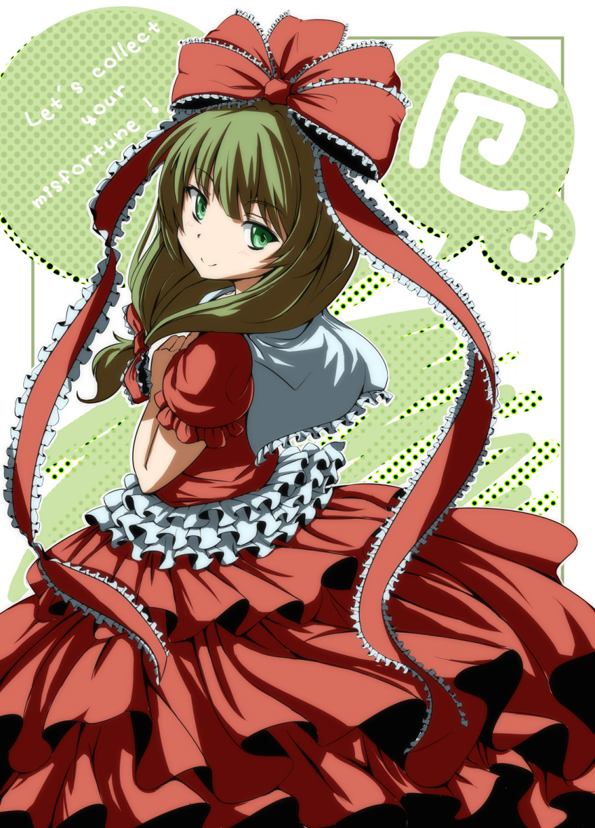 bow, dress, frills, front_ponytail, green_eyes, green_hair, hair_bow, hair_ornament, hair_ribbon, highres, kagiyama_hina, long_hair, narokichi, ribbon, smile, solo, touhou