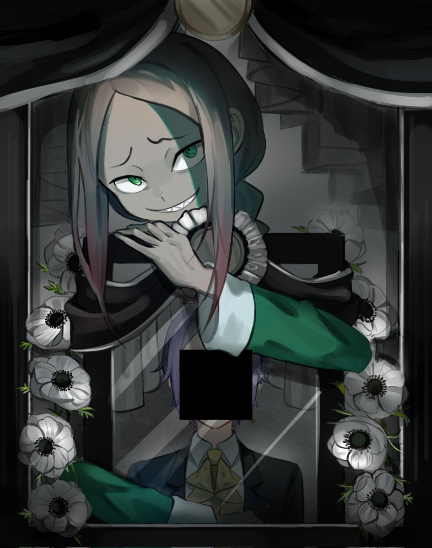 2boys, anemone_(flower), ascot, bar_censor, braid, brown_hair, censored, censored_identity