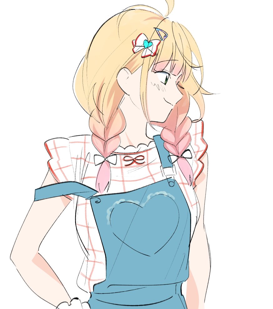 1girl, ahoge, blonde_hair, bow, braid, closed_mouth, denim_overalls, facing_to_the_side