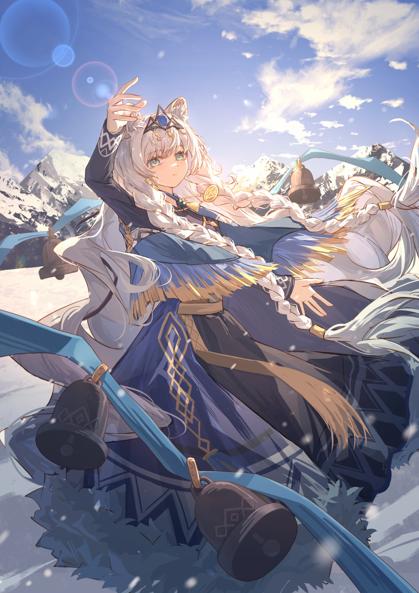 1girl, absurdres, animal_ear_fluff, animal_ears, arknights, arm_up, bell, blue_eyes