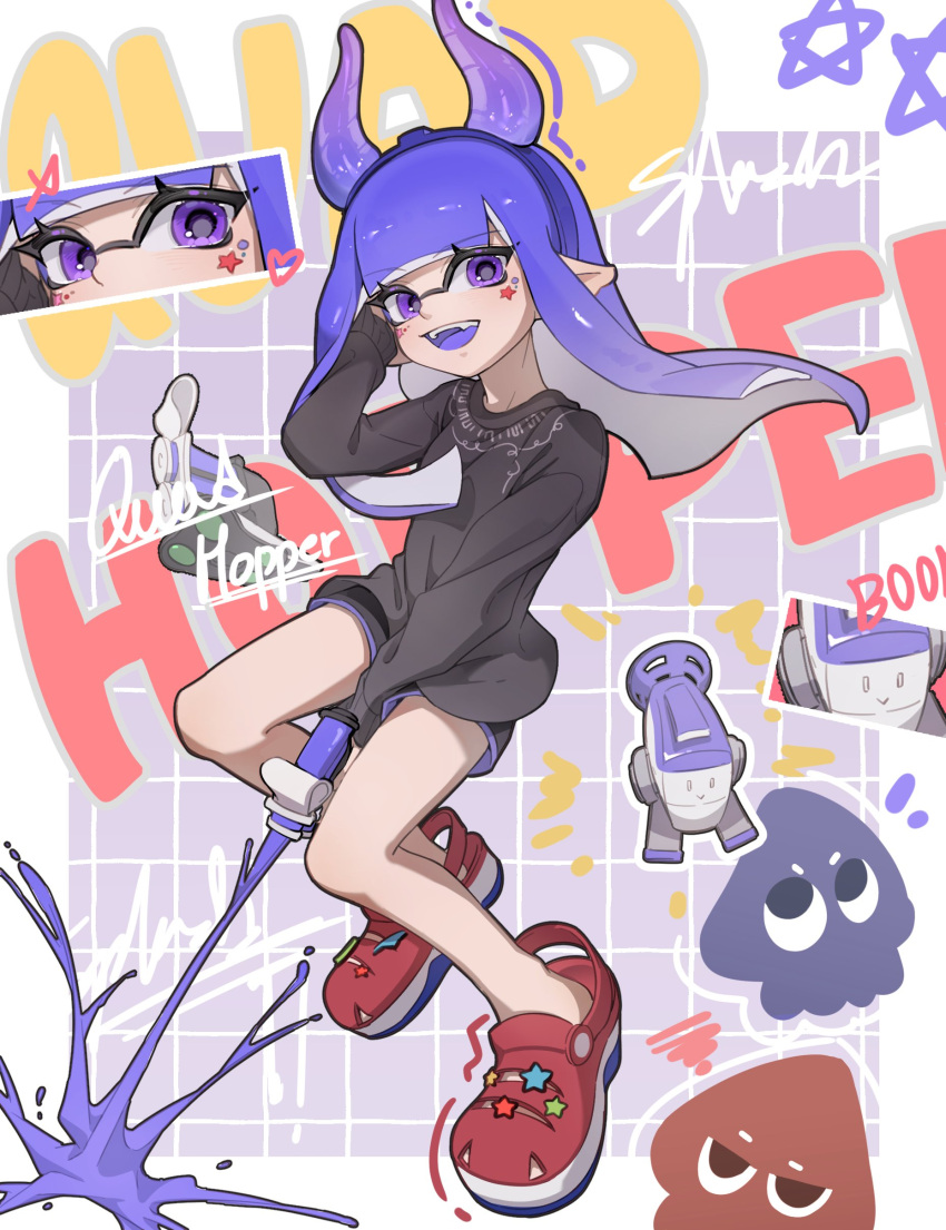 1girl, :d, absurdres, autobomb_(splatoon), black_shirt, black_shorts, border, chu_u0spl