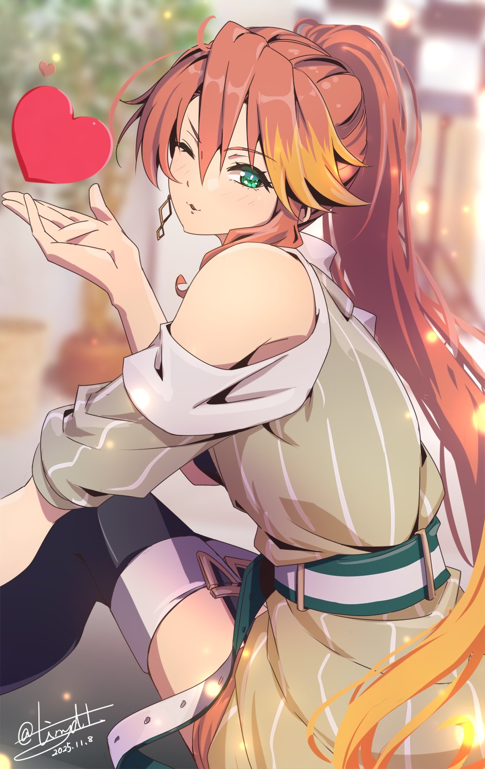 1girl, aqua_eyes, belt, black_thighhighs, blowing_kiss, blurry, blurry_background, commentary_request