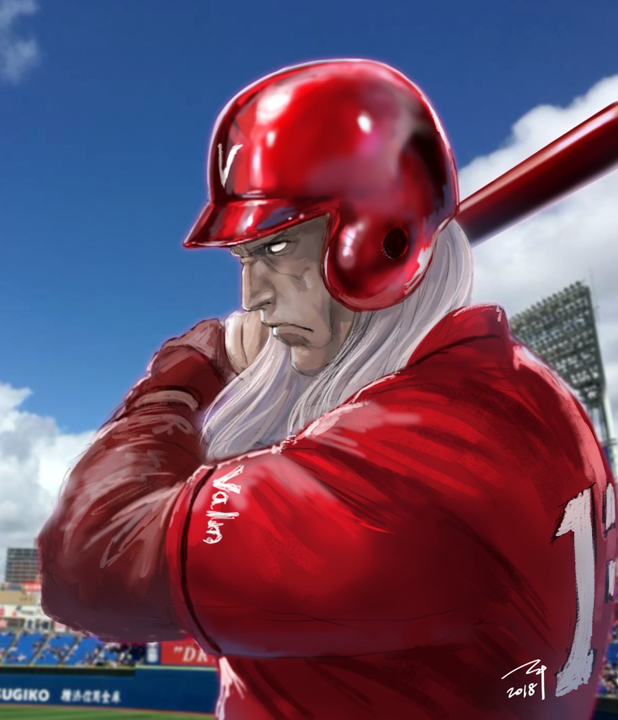 1boy, baseball, baseball_bat, blue_sky, character_request, check_character, closed_mouth, clouds