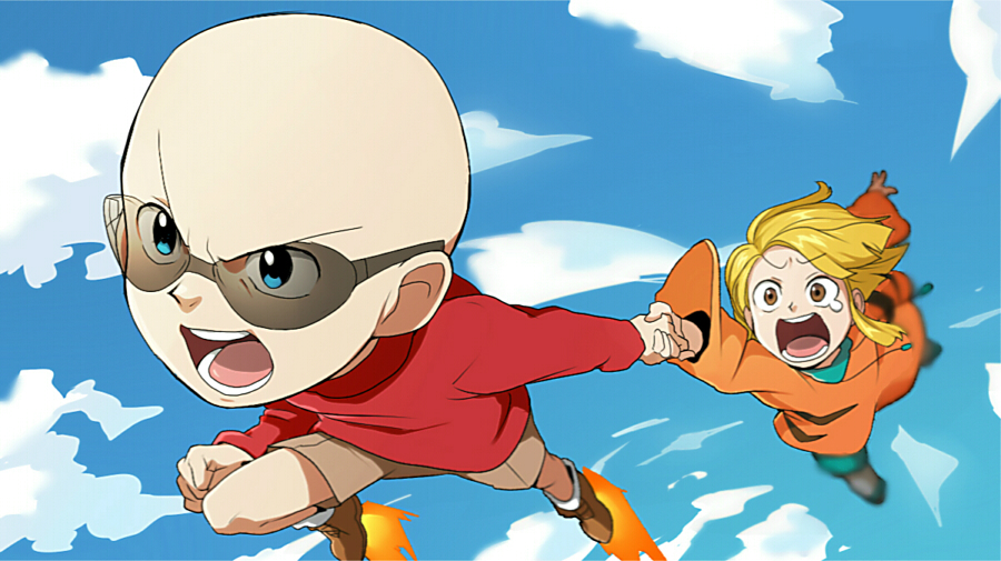 1boy, 1girl, bald, blonde_hair, blue_eyes, boots, brown_eyes, clenched_hand