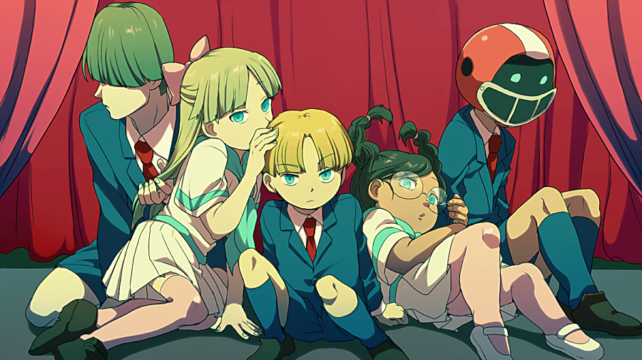 2girls, 3boys, american_football_helmet, arm_hug, ashley_(knd), black_hair, blazer, blue_eyes