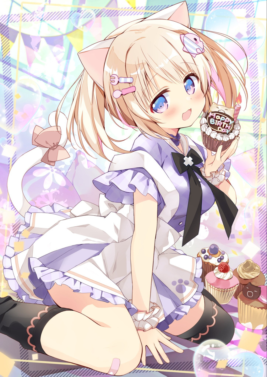 1girl, :3, animal_ears, apron, artist_request, bandaid, bandaid_on_knee, bandaid_on_leg, between_legs, black_ribbon, black_thighhighs, blonde_hair, blue_eyes, bow, cake, cat_ears, cat_girl, cat_tail, commentary_request, cupcake, dress, fish_hair_ornament, food, fork_hair_ornament, frilled_dress, frilled_wrist_cuffs, frills, from_side, gradient_eyes, hair_ornament, hand_between_legs, happy_birthday, highres, holding, holding_cake, holding_food, indie_virtual_youtuber, knees, looking_at_viewer, multicolored_eyes, neck_ribbon, nekone_komari, open_mouth, purple_dress, ribbon, sailor_collar, second-party_source, short_dress, short_hair, sitting, smile, solo, spoon_hair_ornament, tail, tail_bow, tail_ornament, thigh-highs, twintails, wariza, white_apron, white_sailor_collar, white_tail, white_wrist_cuffs, wrist_cuffs
