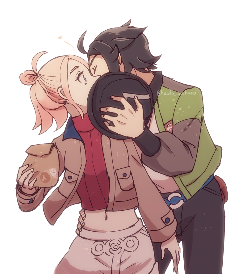 1boy, 1girl, ahoge, black_hair, black_hat, black_pants, closed_eyes, commentary_request