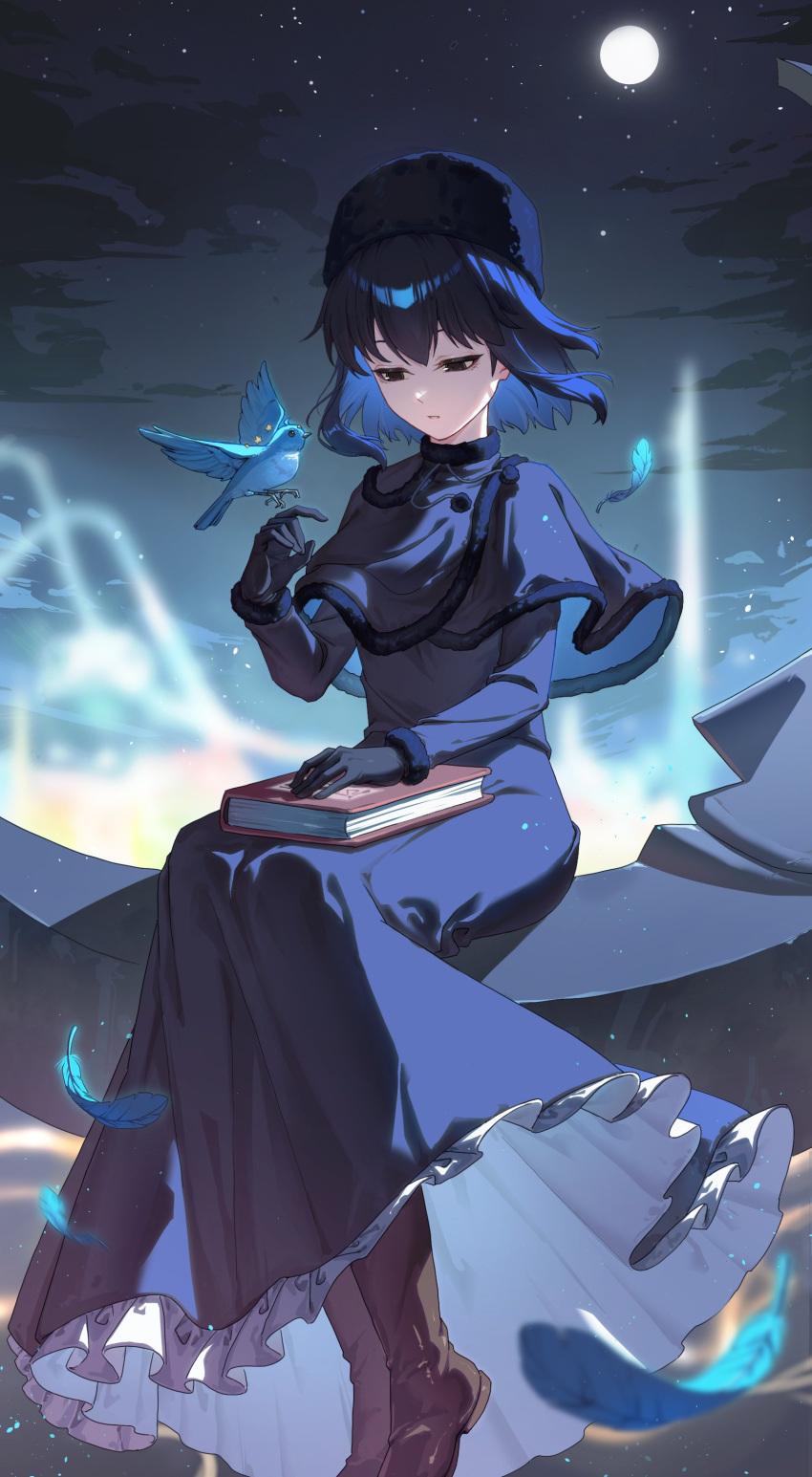 1girl, absurdres, bird, black_boots, black_capelet, black_dress, black_eyes, black_gloves