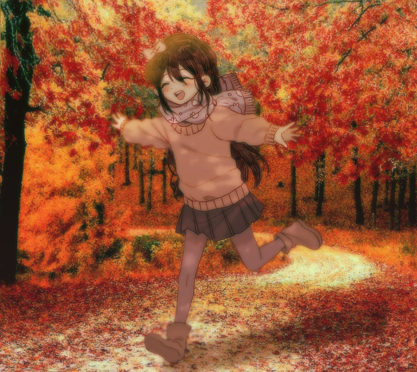 1girl, aged_down, alternate_costume, aubrey_(faraway)_(omori), aubrey_(omori), autumn_leaves, black_hair, blush