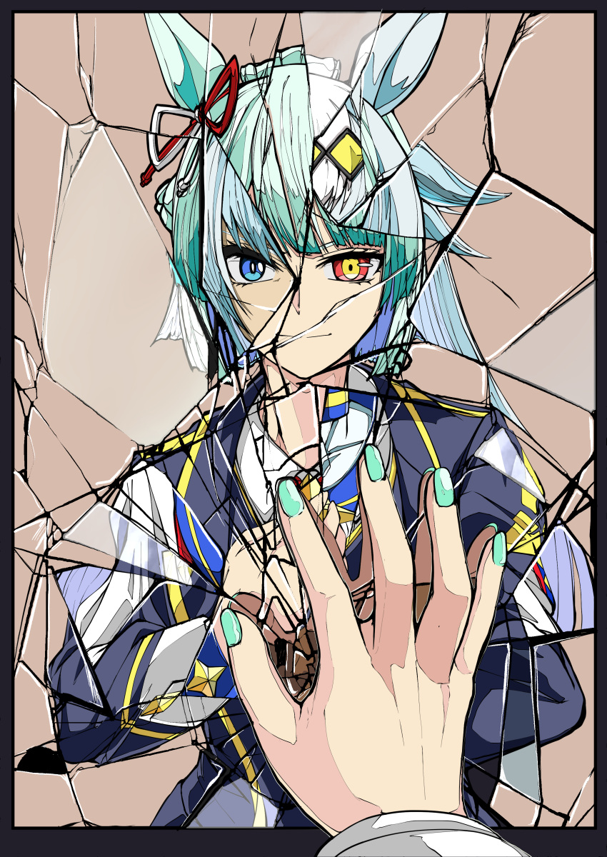 2girls, absurdres, animal_ears, blue_eyes, broken_mirror, closed_mouth, colored_inner_hair, ear_ornament, ear_ribbon, eyebrows_hidden_by_hair, female_pov, fingernails, fujimasa_march_(umamusume), green_hair, green_nails, hand_on_mirror, hand_on_own_chest, hands_up, highres, horse_ears, jacket, jose_(joseeidossei), light_smile, long_hair, long_sleeves, looking_at_viewer, mirror, multicolored_eyes, multicolored_hair, multiple_girls, nail_polish, oguri_cap_(umamusume), parted_bangs, pov, pov_hands, red_eyes, reflection, reflection_focus, ribbon, shirt, short_hair, simple_background, straight-on, two-tone_eyes, umamusume, umamusume:_cinderella_gray, v-shaped_eyebrows, white_hair, yellow_eyes