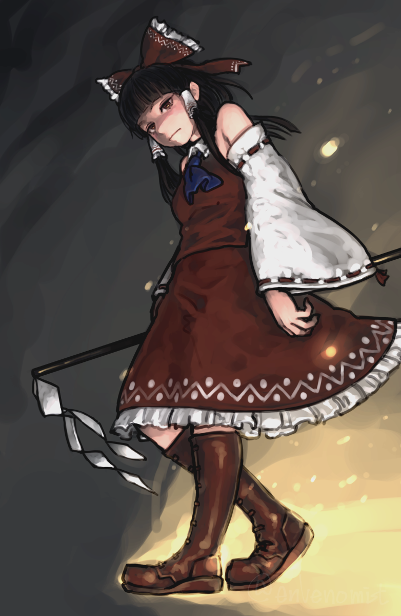 1girl, artist_name, ascot, black_hair, blue_ascot, blunt_bangs, boots, bow