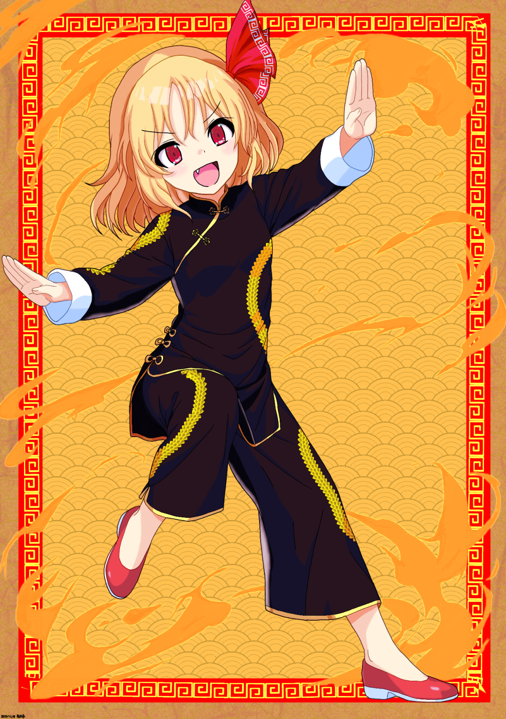 1girl, alternate_costume, black_shirt, black_skirt, blonde_hair, blush, border, chinese_clothes
