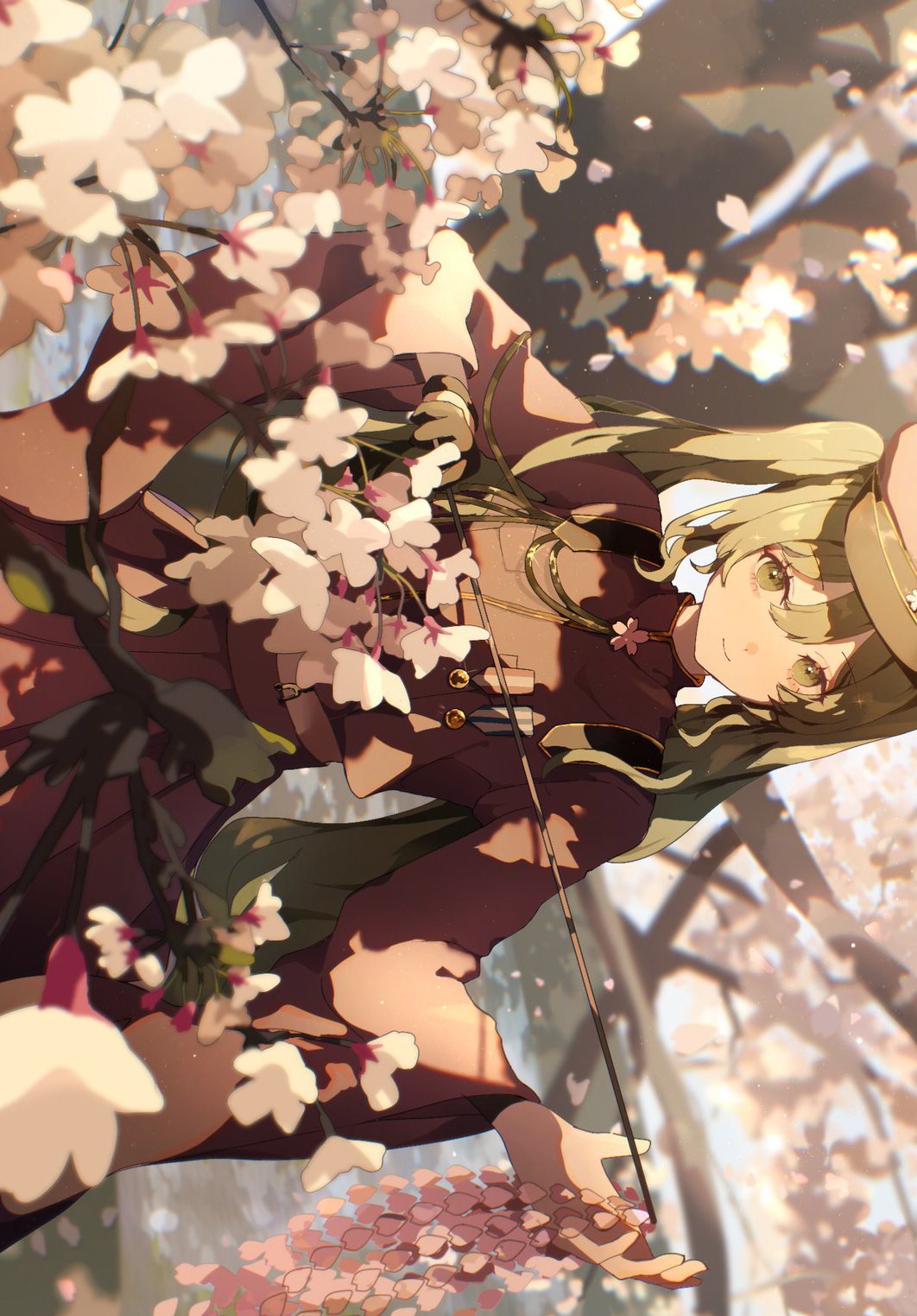 1girl, black_gloves, blurry, blurry_background, cherry_blossoms, cropped_shirt, furisode_sleeves, gloves