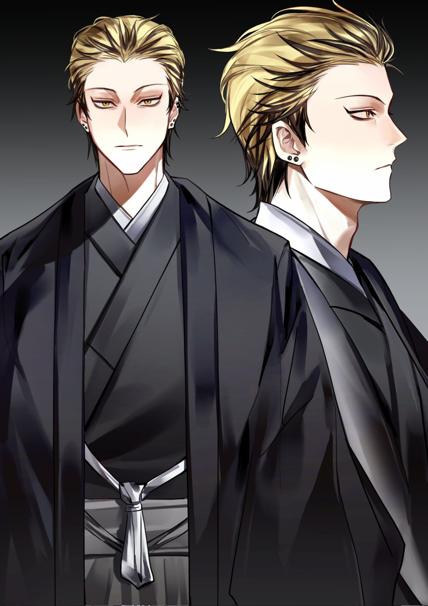 1boy, black_hair, blonde_hair, closed_mouth, ear_piercing, earrings, forehead, hair_slicked_back