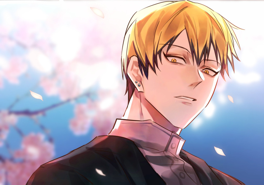 1boy, black_hair, blonde_hair, blurry, blurry_background, cherry_blossoms, closed_mouth, colored_tips