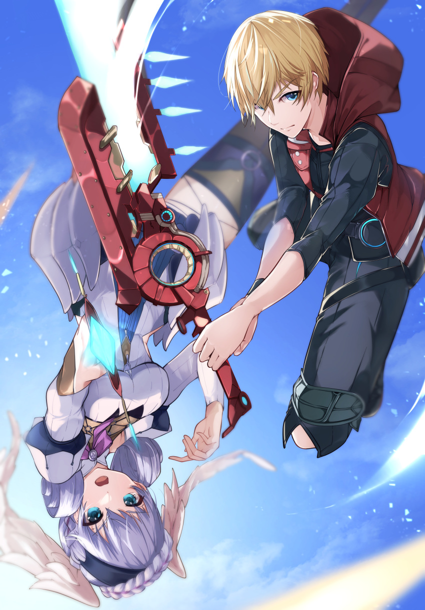 1boy, 1girl, absurdres, braid, commentary_request, crown_braid, dress, head_wings