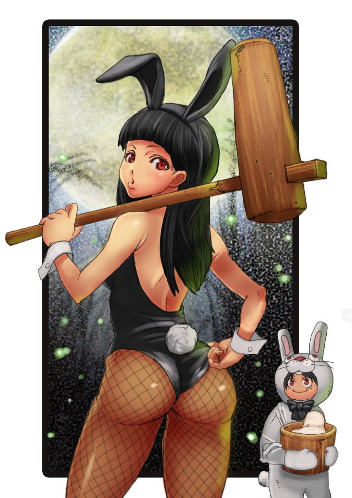 ass, black_hair, brown_eyes, bunny_ears, character_request, fishnet_pantyhose, fishnets, food