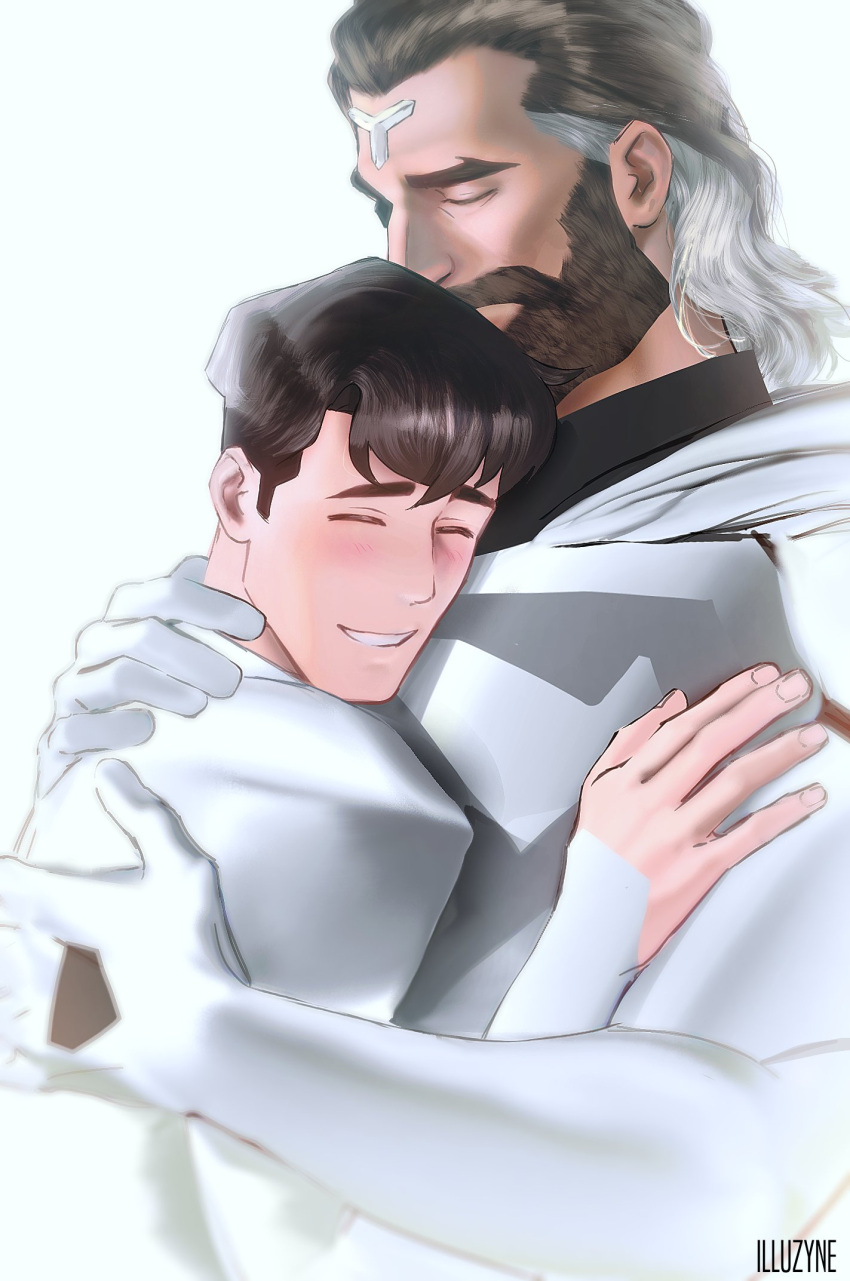 2boys, ^_^, beard, black_hair, brown_hair, clark_kent, closed_eyes, dc_comics