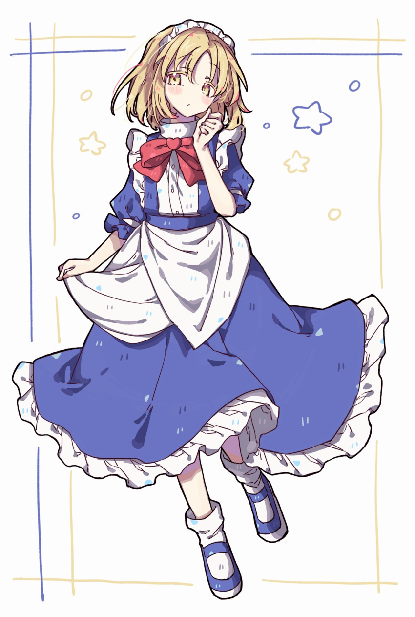 1girl, apron, blonde_hair, blue_dress, blue_shoes, blush, bow, bowtie, commentary_request, dress, frilled_dress, frilled_sleeves, frills, full_body, hand_up, highres, long_dress, looking_at_viewer, loose_socks, maid_headdress, mary_janes, medium_hair, mugetsu_(touhou), okura_0915, parted_bangs, puffy_short_sleeves, puffy_sleeves, red_bow, red_bowtie, shoes, short_sleeves, skirt_hold, socks, solo, standing, standing_on_one_leg, star_(symbol), touhou, touhou_(pc-98), turtleneck, waist_apron, white_apron, white_background, white_socks, yellow_eyes