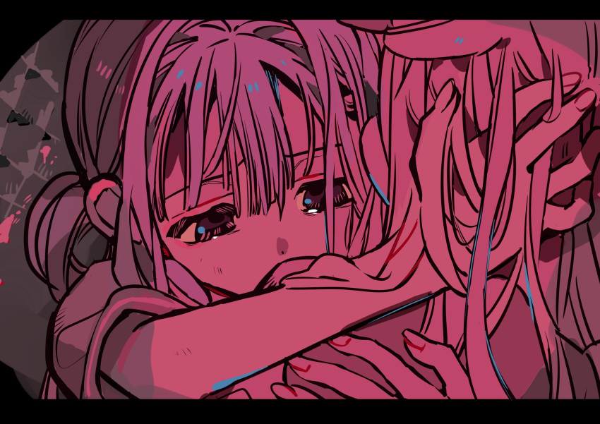 2girls, akane_aoi, blonde_hair, blue_hair, commentary, hair_rings, hanoyuta, highres