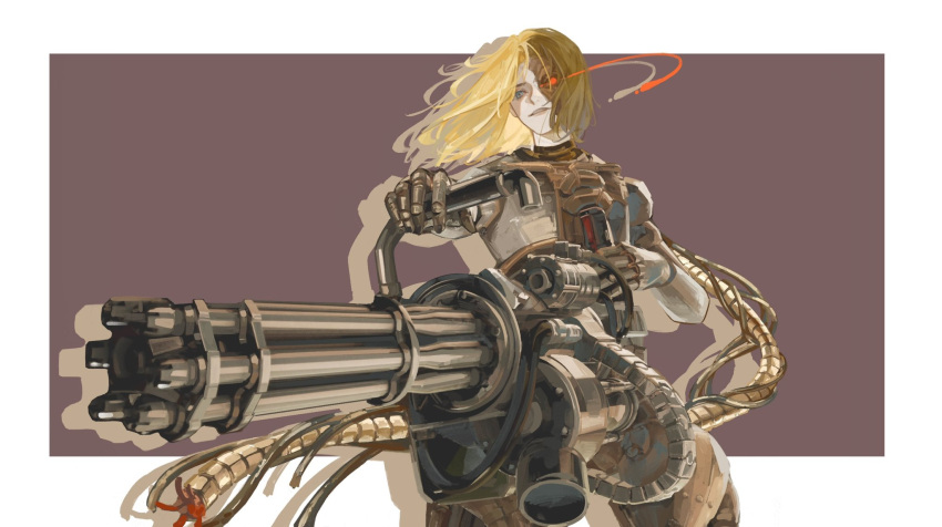 1boy, androgynous, artificial_eye, blonde_hair, blue_eyes, border, chengya_huanwo, commentary
