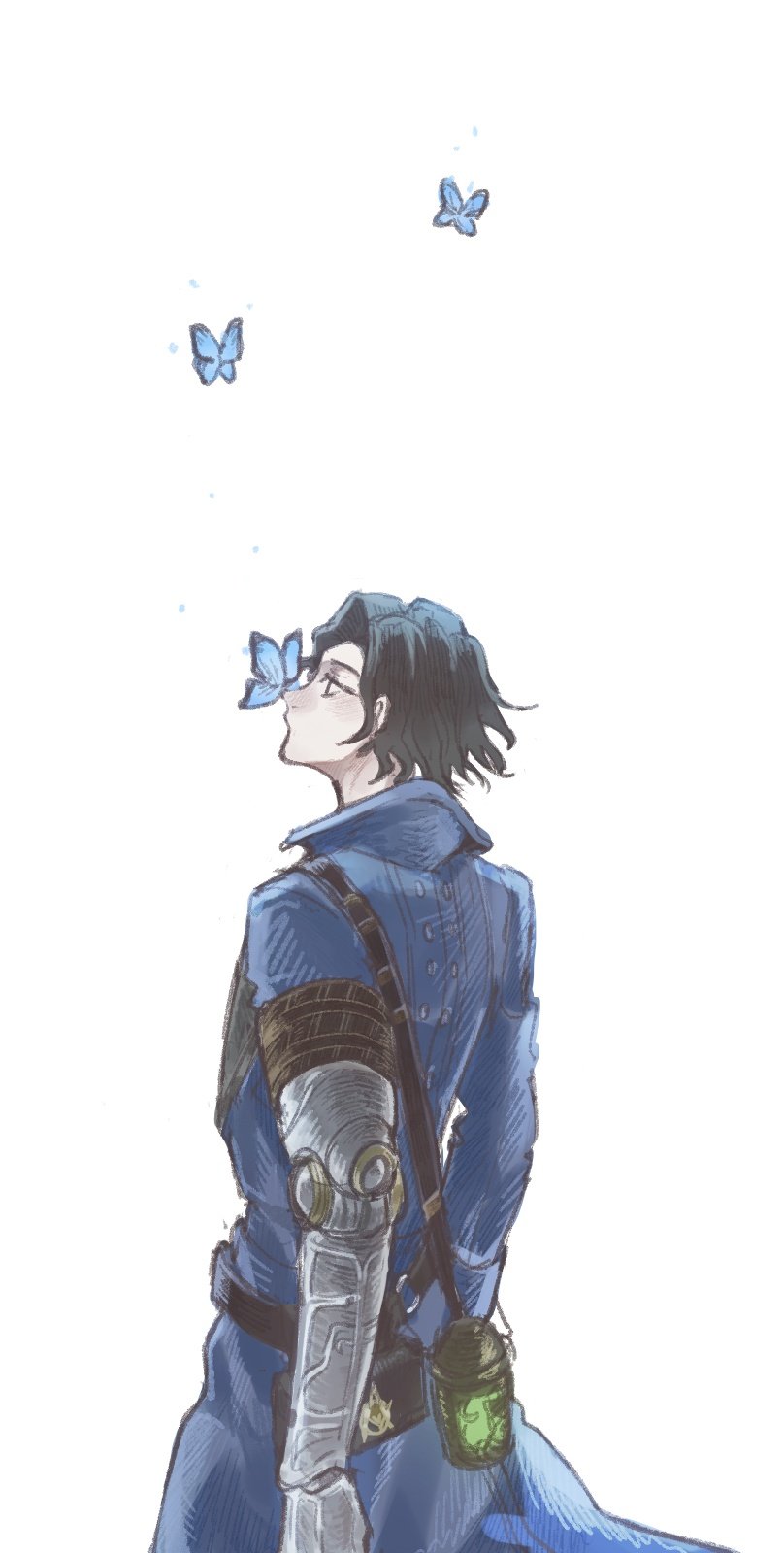 1boy, blue_butterfly, blue_coat, bug, butterfly, butterfly_on_nose, coat, commentary