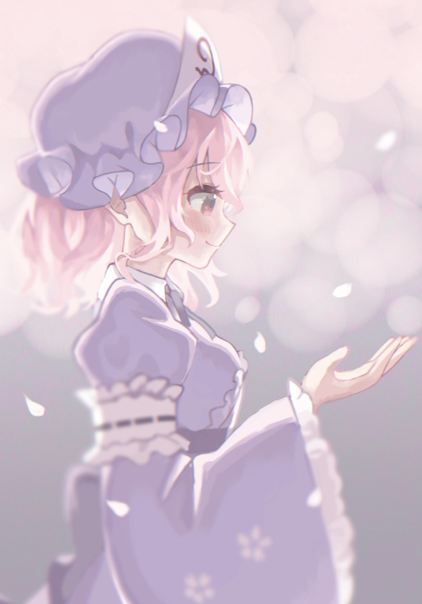 1girl, blue_hat, blue_kimono, blush, cherry_blossoms, commentary, falling_petals, floral_print