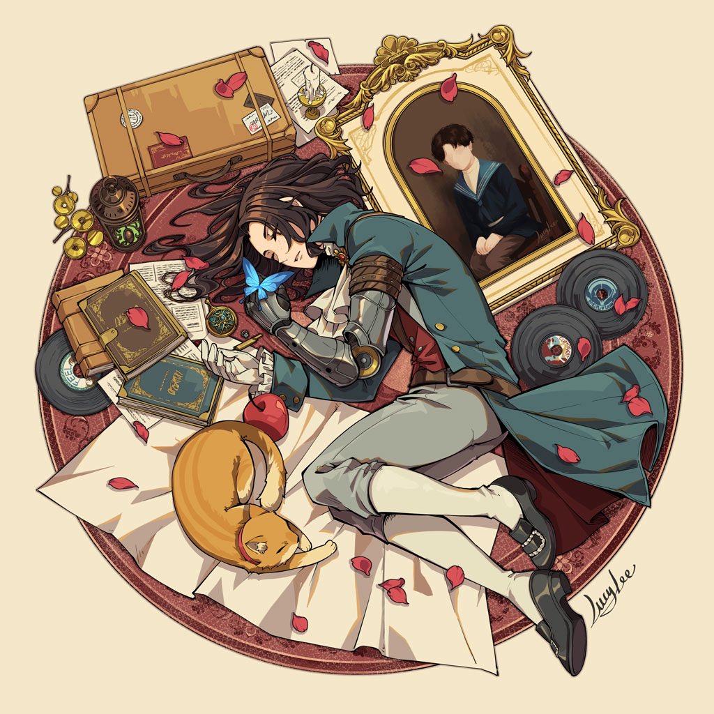 1boy, ascot, blue_butterfly, blue_coat, book, briefcase, bug, butterfly