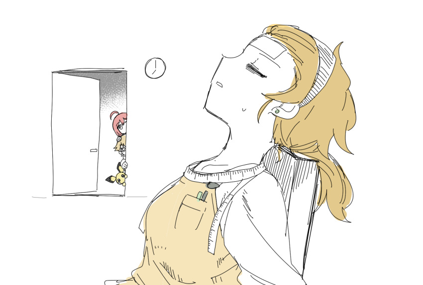 1boy, 2girls, =_=, ahoge, apron, apron_pocket, brother_and_sister, brown_hair