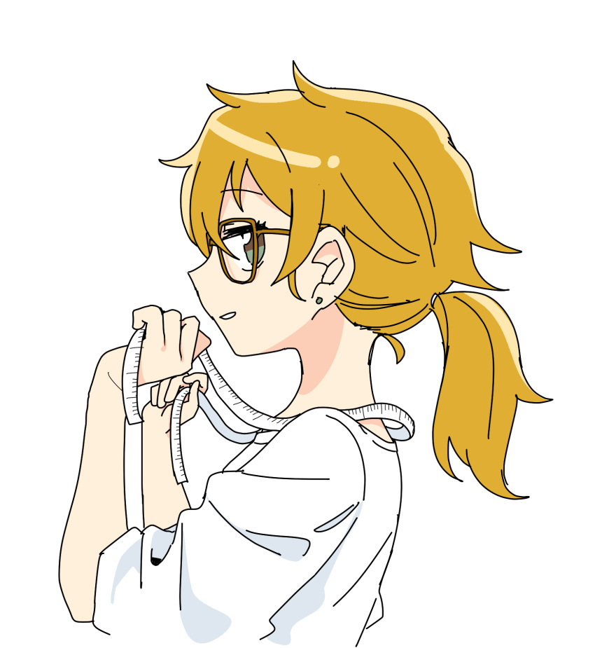 1girl, brown-framed_eyewear, brown_hair, chan_mama, commentary_request, earrings, eyelashes, from_side