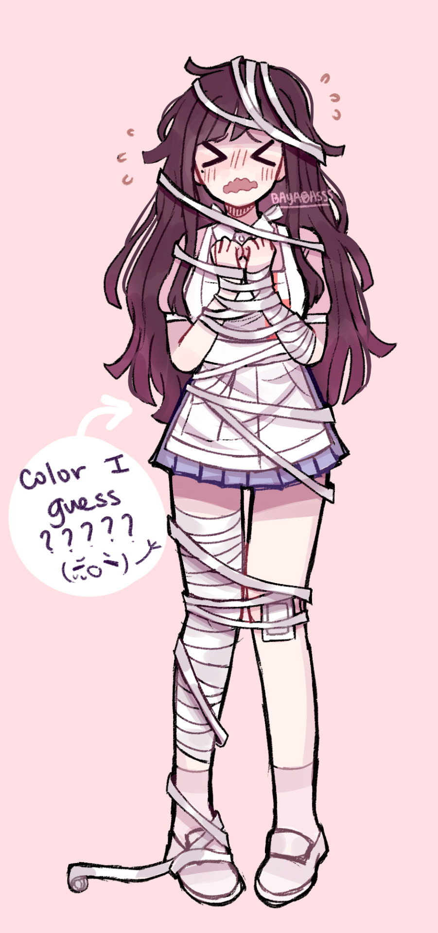 >_<, 1girl, apron, artist_name, bandaged_arm, bandaged_leg, bandages, bandaid