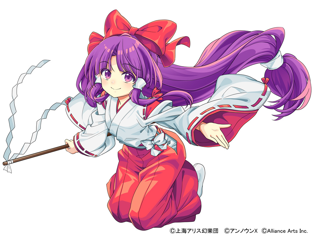 1girl, bow, closed_mouth, commentary_request, copyright_notice, detached_sleeves, full_body, gohei