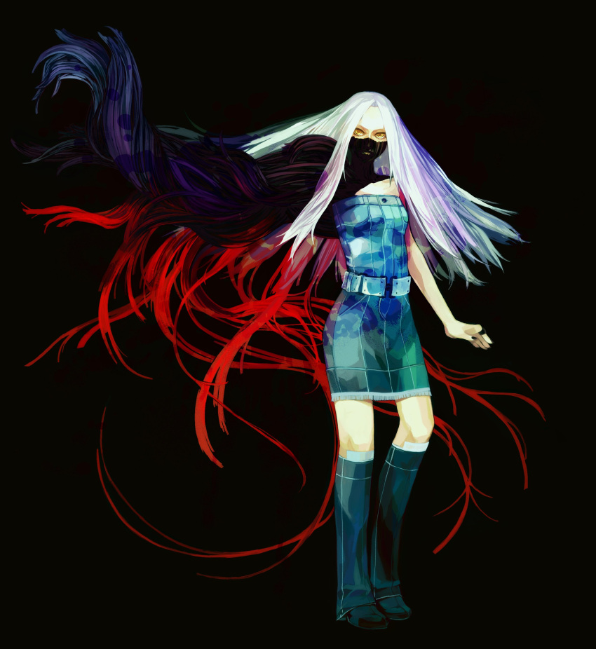 1girl, absurdres, belt, black_background, black_nails, blue_dress, body_horror, denim_boots