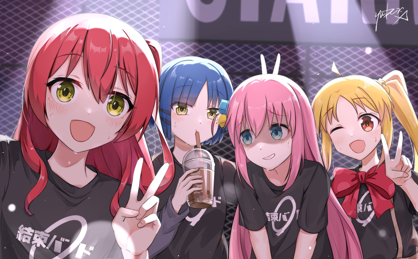 4girls, :d, absurdres, black_shirt, blonde_hair, blue_hair, bocchi_the_rock!, bow
