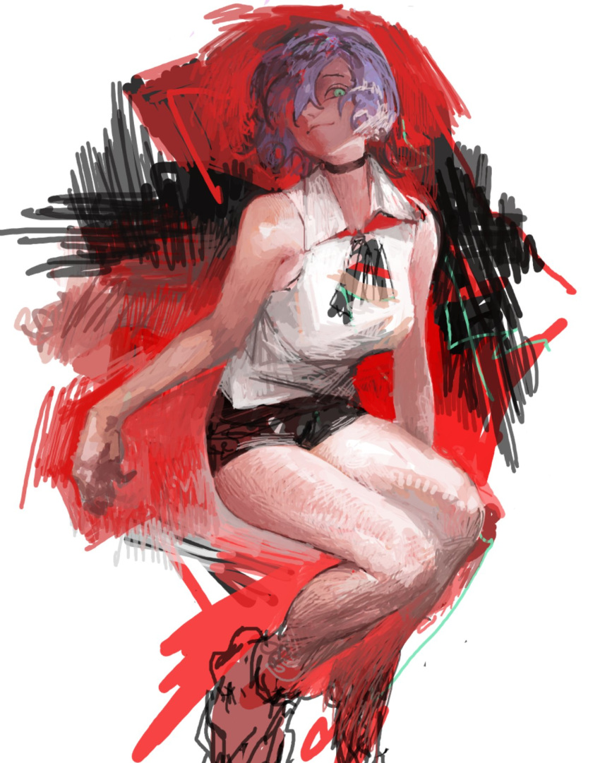 1girl, black_choker, black_ribbon, black_shorts, chainsaw_man, choker, closed_mouth, collared_shirt