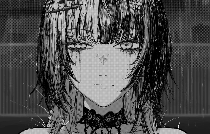 1girl, absurdres, chainsaw_man, choker, close-up, closed_mouth, greyscale, highres, hololive, hololive_english, kizuru09, light_frown, long_hair, looking_at_viewer, makeup, monochrome, outdoors, rain, runny_makeup, scene_reference, shiori_novella, solo, virtual_youtuber