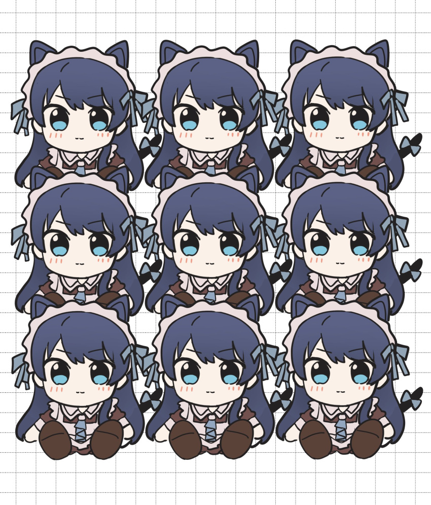 1girl, :3, animal_ears, apron, ascot, blue_ascot, blue_bow, blue_eyes