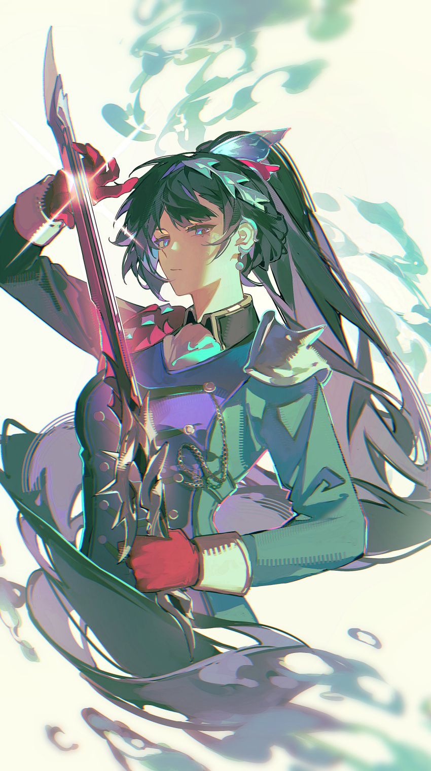 1girl, absurdres, black_hair, blue_eyes, buttons, chain, earrings, english_commentary