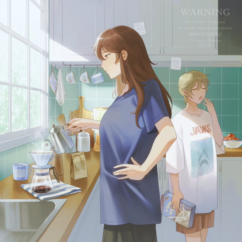 1boy, 1girl, blonde_hair, bowl, breasts, brown_eyes, brown_hair, brown_shorts, cereal_box, closed_eyes, coffee, commentary, cup, cutting_board, english_commentary, food, fruit, hand_on_own_hip, highres, holding, holding_kettle, kettle, kitchen, large_breasts, long_hair, nakano_kaworu, original, pour-over_coffee, pouring, shorts, sink, teacup, towel, watermark, yawning