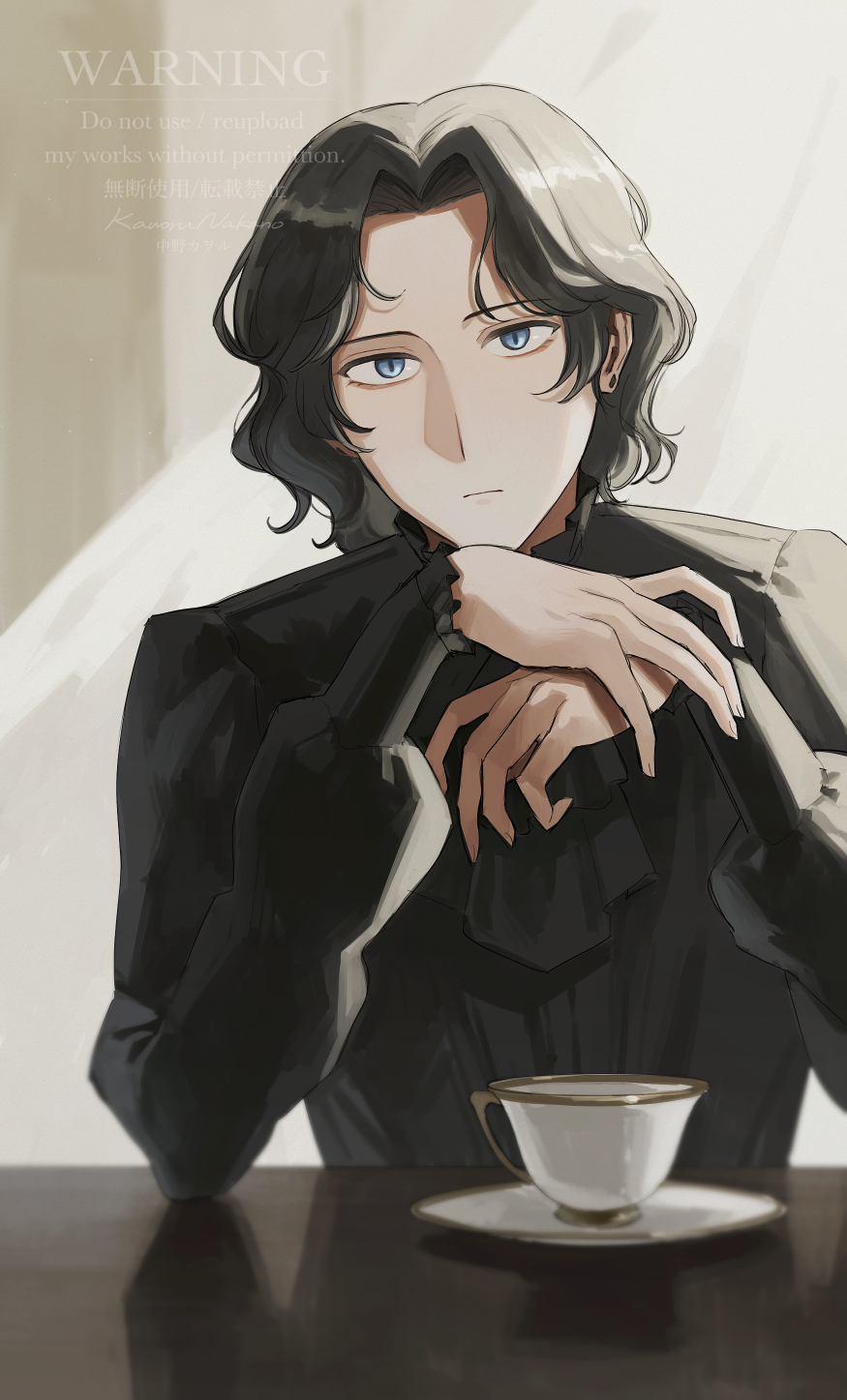 1boy, black_hair, black_jacket, blue_eyes, commentary_request, cup, earrings, highres