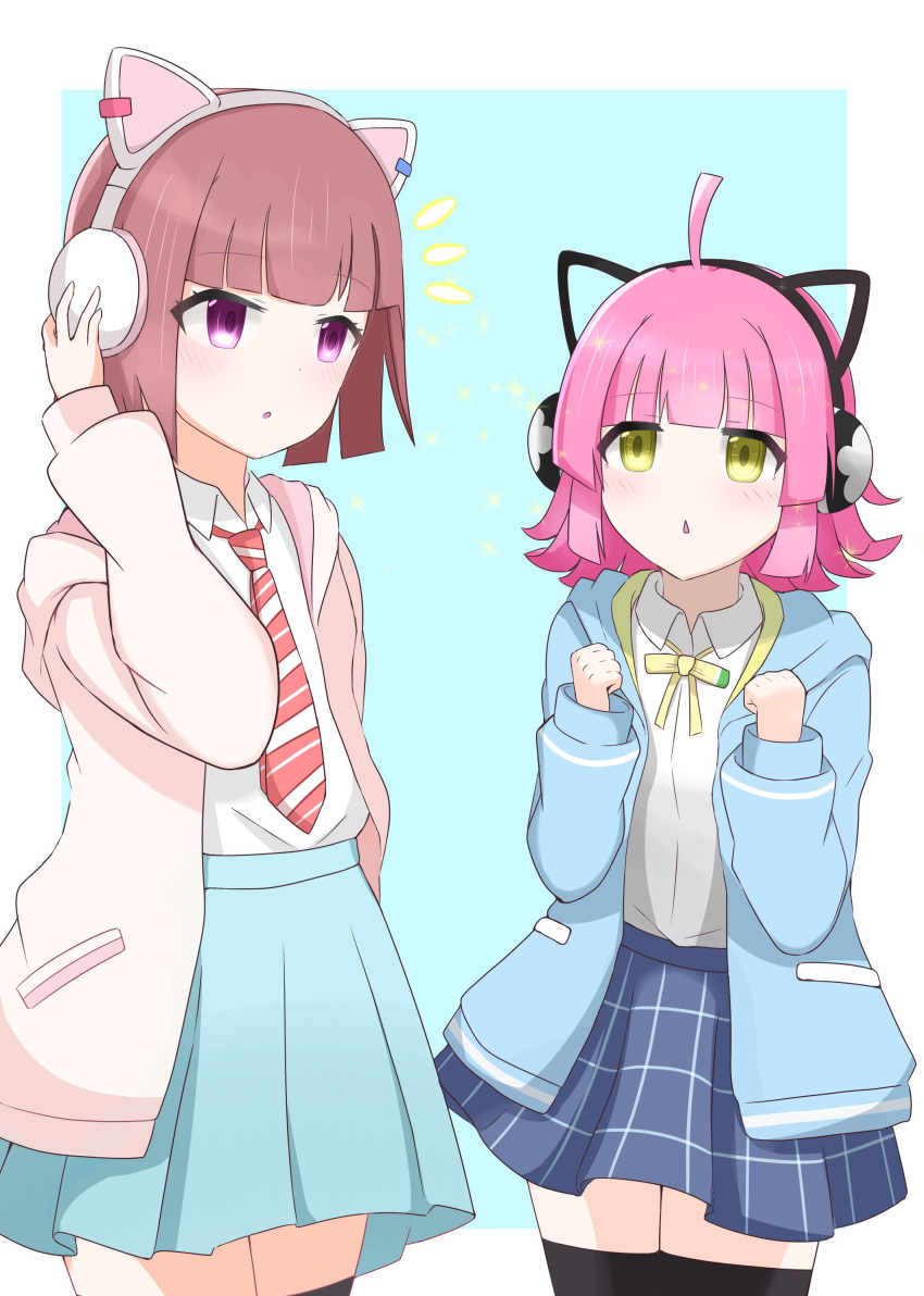 2girls, :o, absurdres, ahoge, animal_ear_headphones, animal_ears, black_thighhighs, blue_background