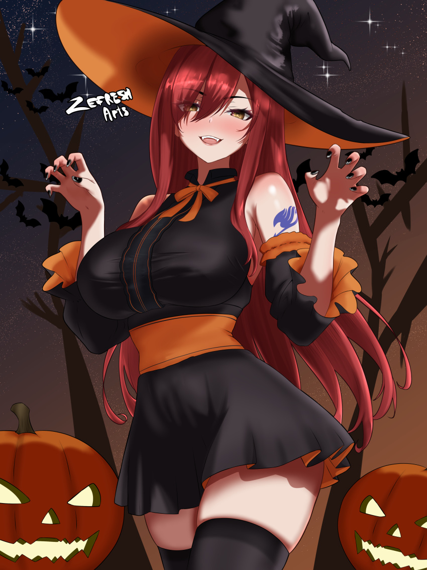 1girl, absurdres, arm_tattoo, black_hat, black_thighhighs, blush, breasts, brown_eyes