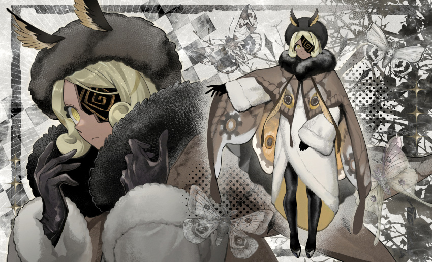 1girl, @_@, alternate_costume, bare_tree, black_gloves, black_hat, black_pantyhose, blonde_hair