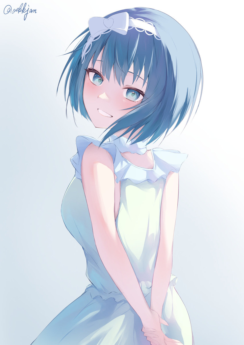 1girl, absurdres, arms_behind_back, blue_eyes, blue_hair, blush, bow, collar, dress, frilled_collar, frills, hair_bow, hair_ornament, hairband, highres, kiritani_haruka, looking_at_viewer, looking_back, oekkjan, project_sekai, short_hair, smile, solo, white_background, white_dress