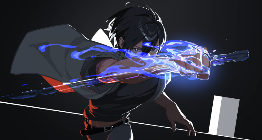 1girl, belt, black_belt, black_hair, black_shirt, blue_fire, denim, fire