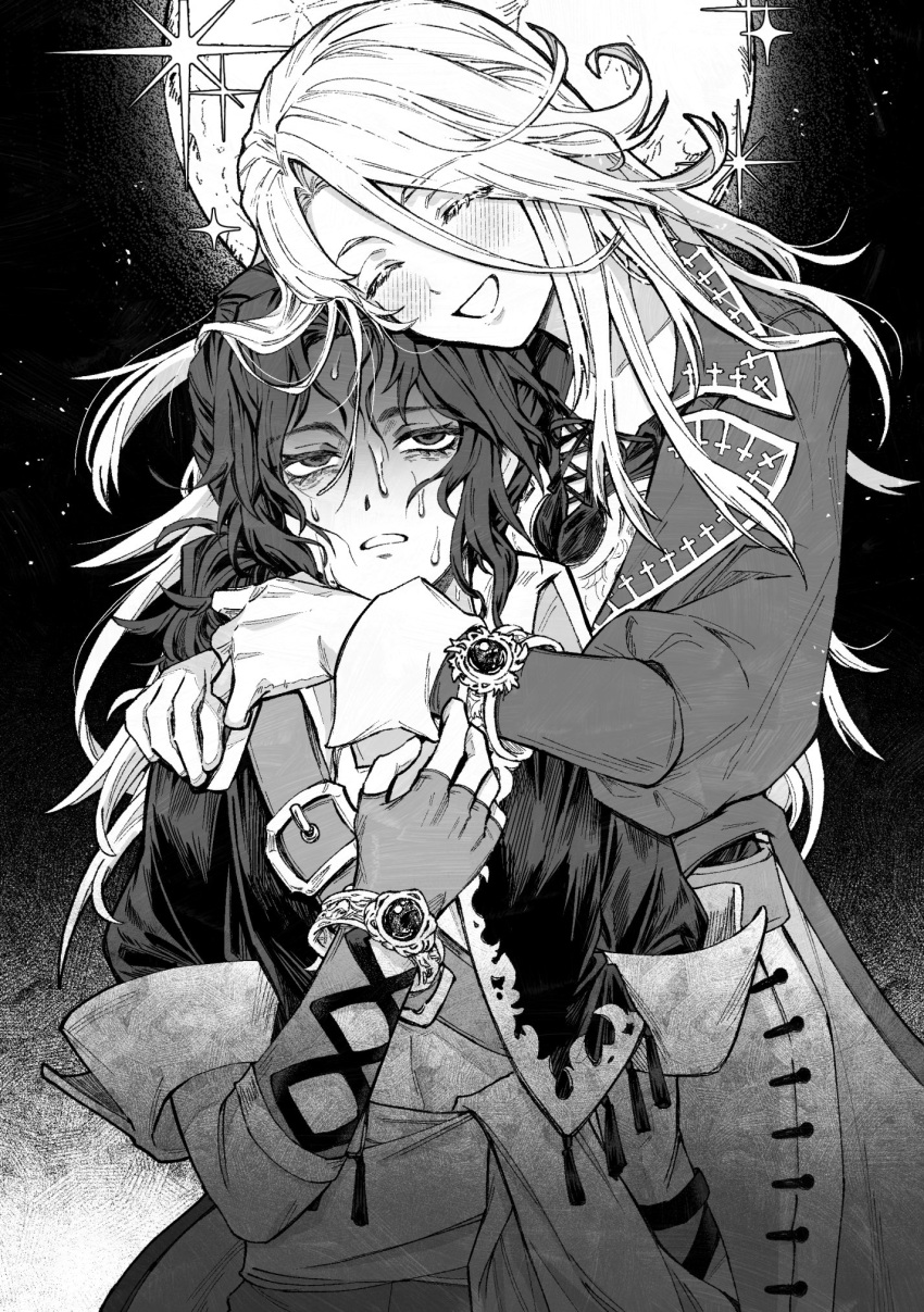 2boys, bags_under_eyes, bracelet, castlevania:_harmony_of_dissonance, castlevania_(series), closed_eyes, commentary_request, cropped_jacket
